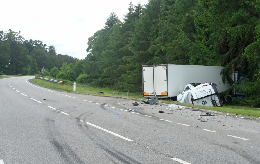 Damaged van and lorry after the crash on the A9, about a mile north of Kingussie. 