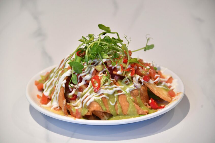 Plate of loaded nachos featuring sliced red chillies, guacamole, sour cream and coriander.