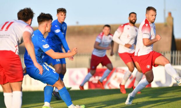 Peterhead's Caleb Goldie in action at Balmoor Stadium against Spartans in the Viaplay Cup.