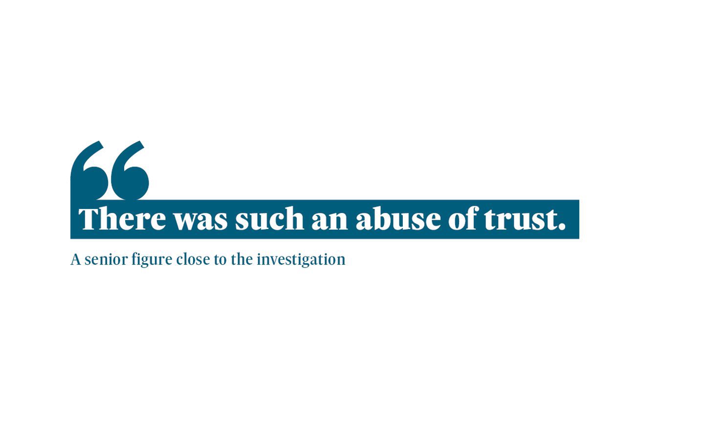 A graphic reads: "There was such an abuse of trust". A quote from a senior figure close to the investigation of Alistair Greig.