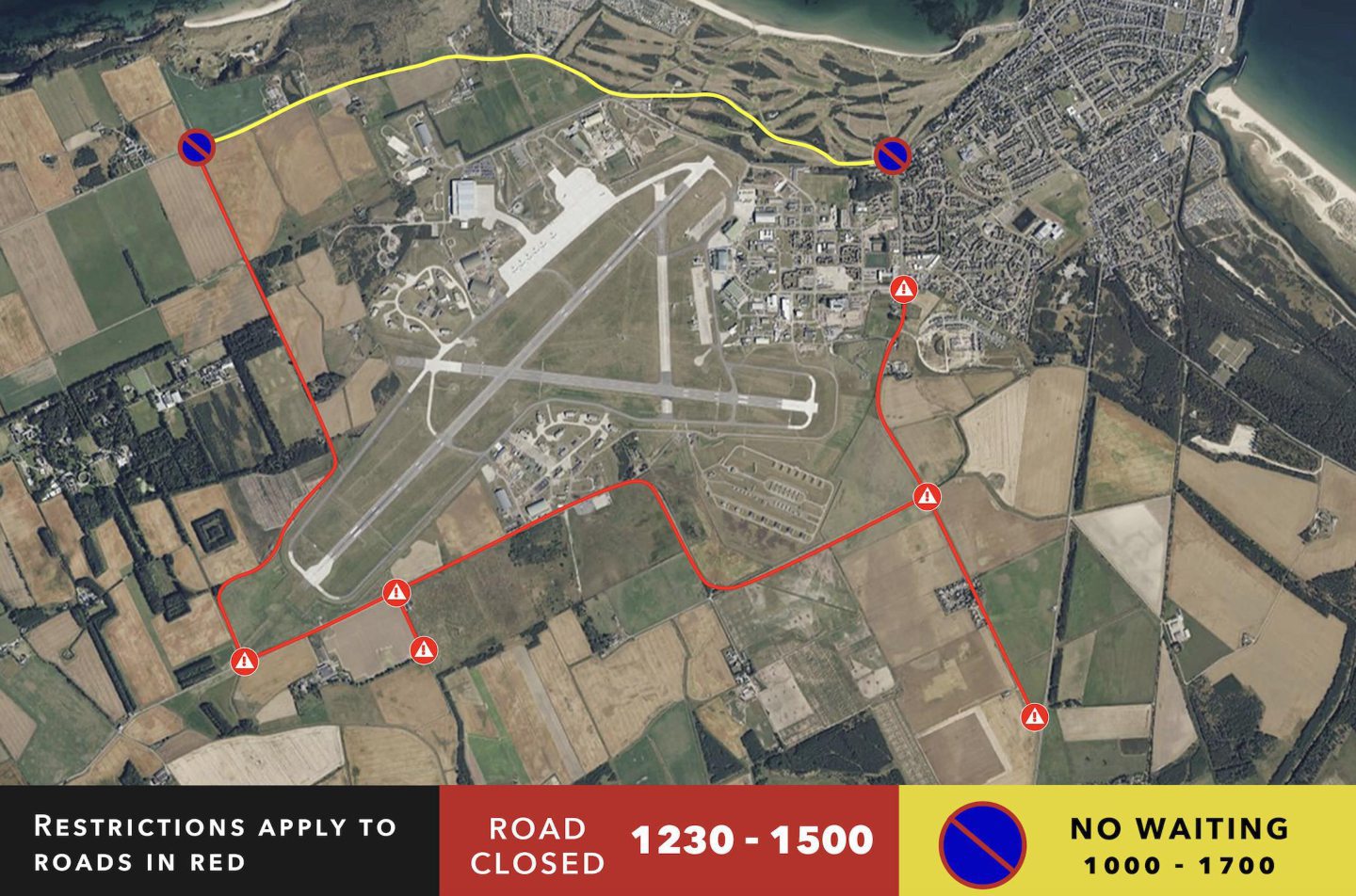 Map showing road closures around RAF Lossiemouth for Red Arrows. 