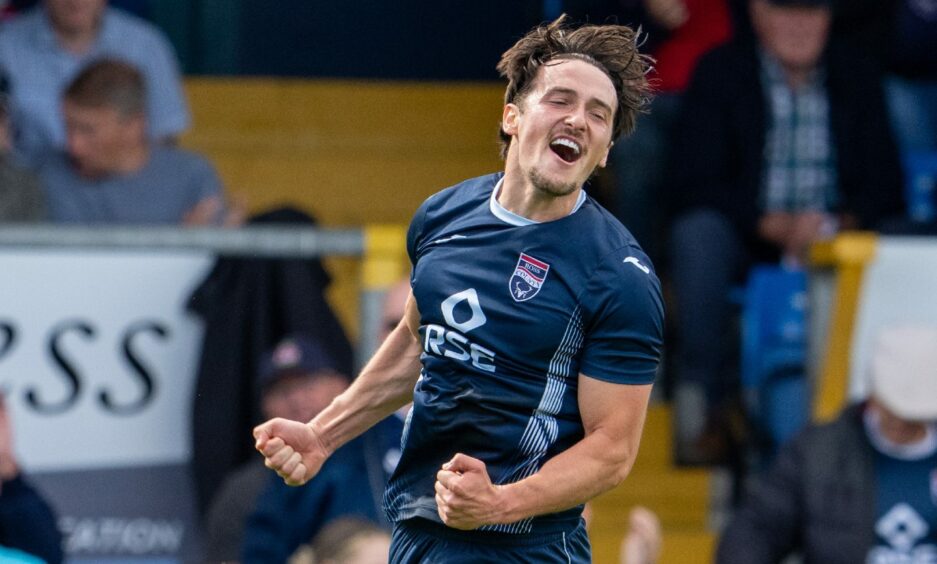Ross County defender James Brown celebrates scoring his first goal against Kelty Hearts, having joined the Staggies earlier this summer.