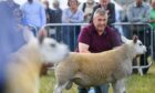 Man holding a sheep with the crowd looking on.