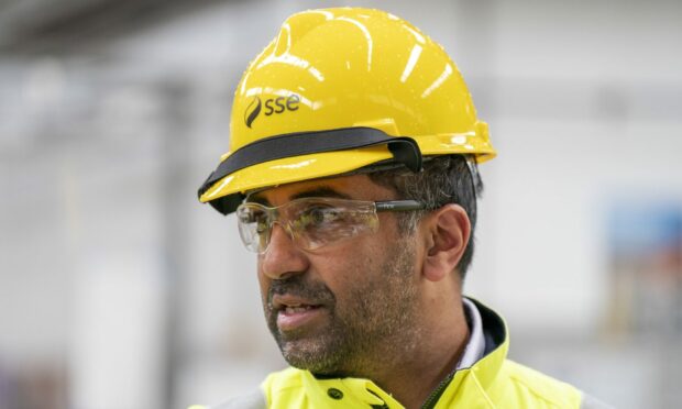 Humza Yousaf during his tour of Peterhead Power Station. Image: PA.