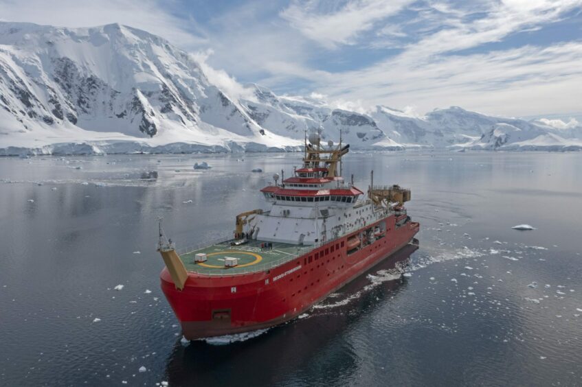 The RRS Sir David Attenborough in the Neumayer Channel in Antarctica.
