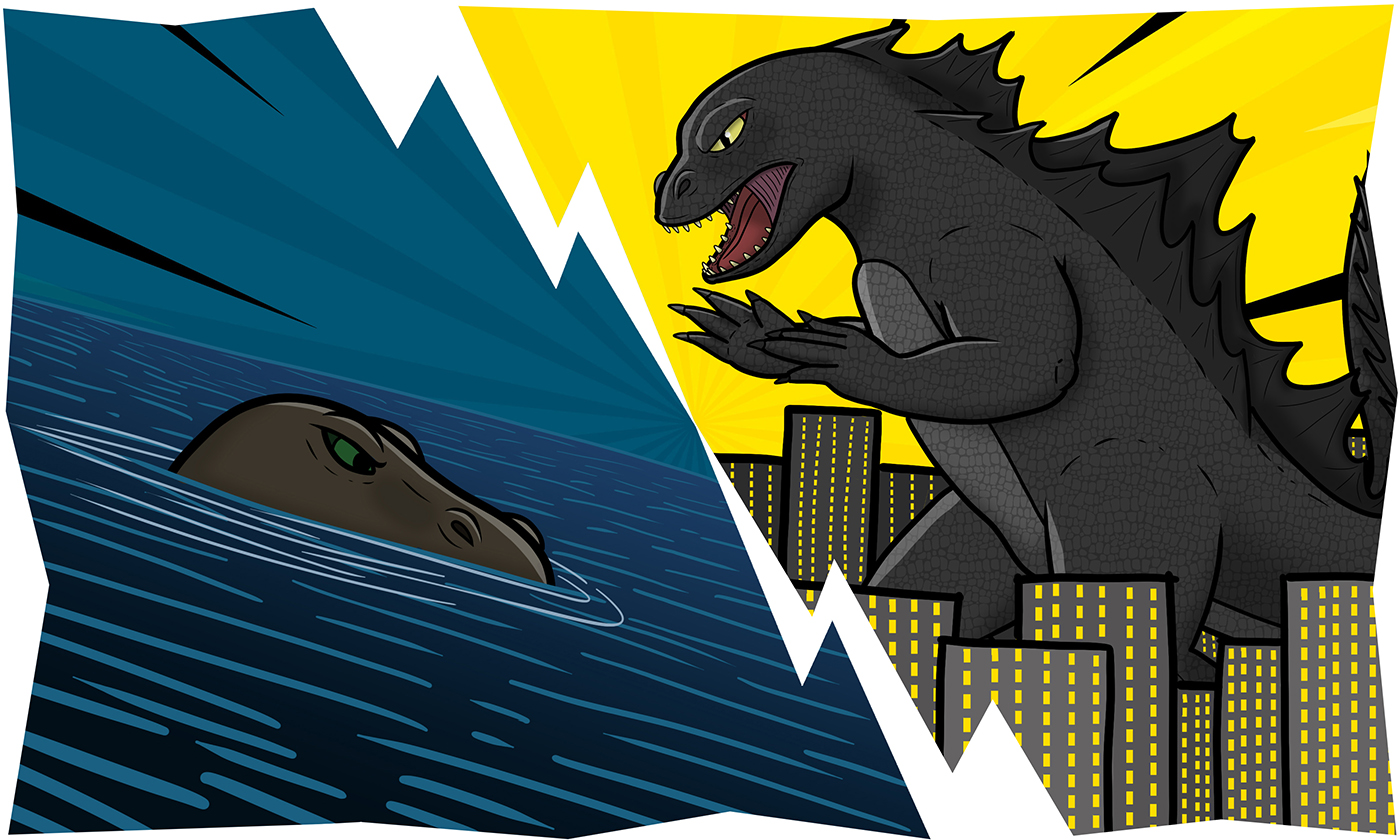 Godzilla rampaging through a city on the left and Nessie lurking in the loch on the right