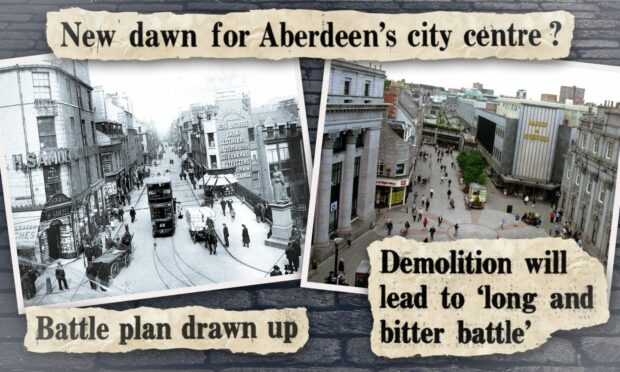 St Nicholas Street as it was in 1923, left, and in the 2000s, right, surrounded by P&J headlines about its redevelopment. Image: DC Thomson/Roddie Reid