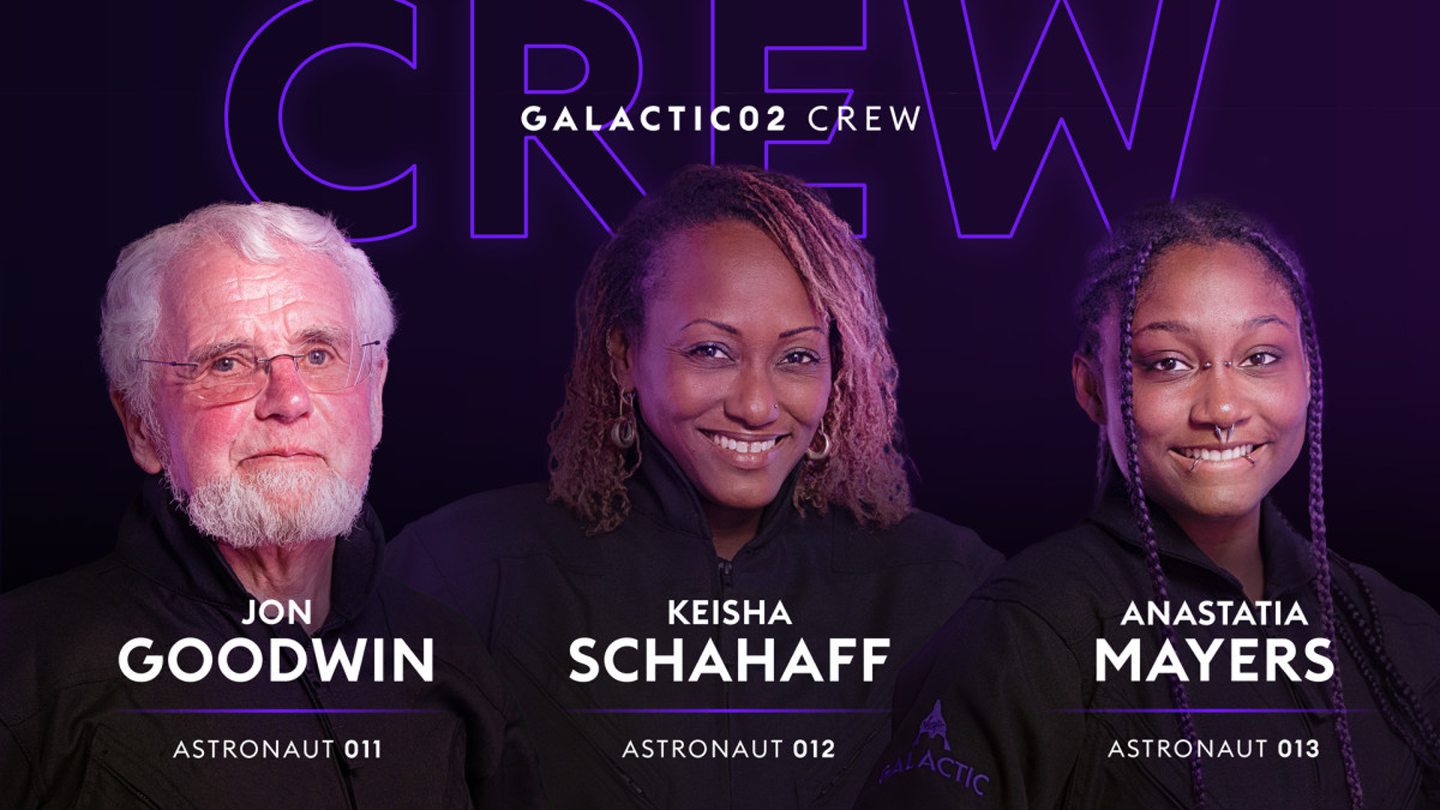 Graphic showing crew of next Virgin Galactic flight, from left, Jon Goodwin, Keisha Schahaff and Anstatia Mayers. 