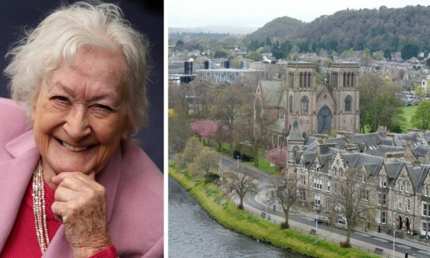 Portrait of the late Winnie Ewing and Inverness Cathedral.