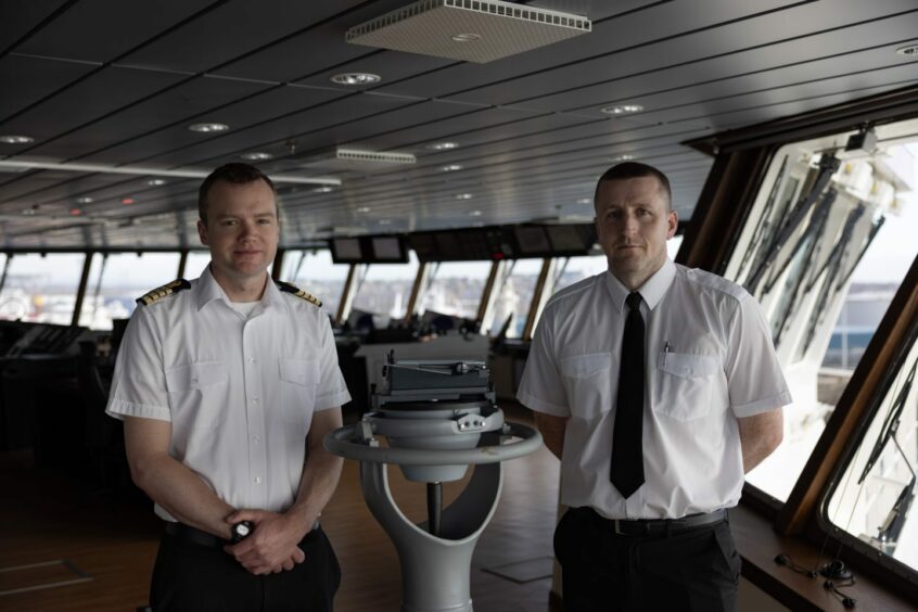 Will Whatley, captain of the RRS Sir David Attenborough, left, with Peterhead Port Authority marine operations director Ray Paterson.