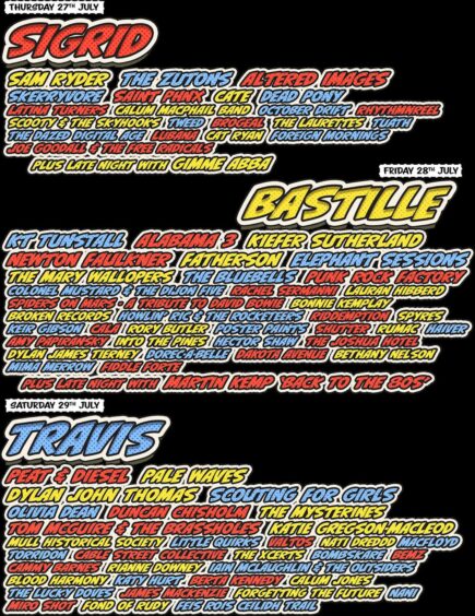 Poster outlining Thursday, Friday and Saturday line-up at Belladrum 2023.