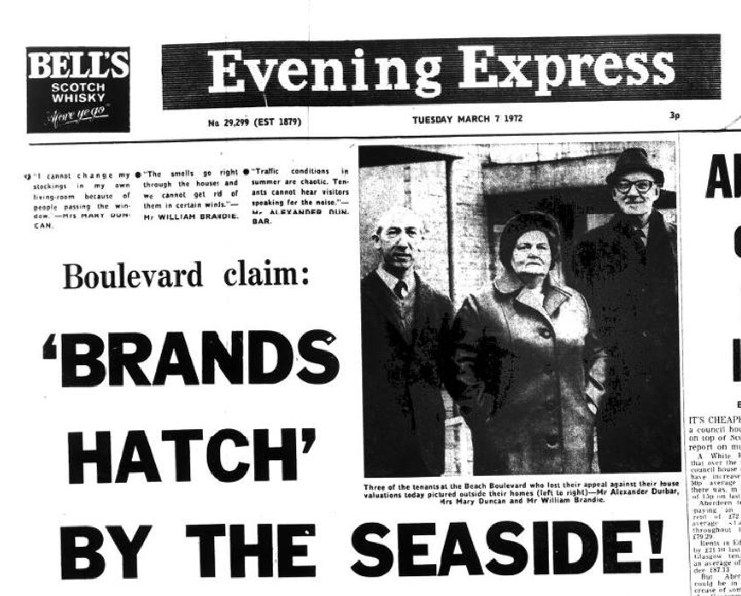 A front page of the Evening Express from 1972 with a headline reading "Boulevard claim: 'brands hatch' by the seaside!"