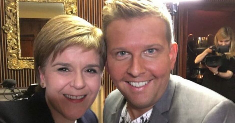 Former First Minister Nicola Sturgeon with Gary: Tank Commander (Greg McHugh) in the 2016 election special aired on BBC Scotland ahead of the Holyrood elections.