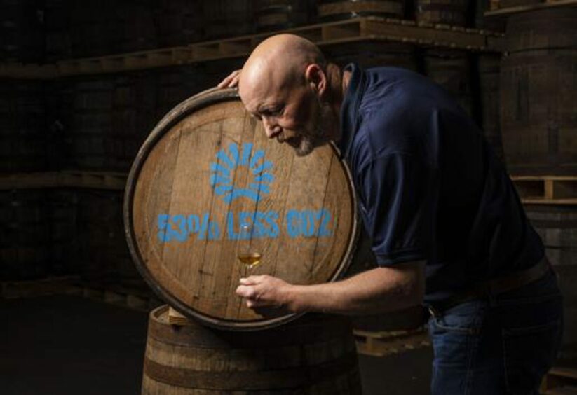 A Glentauchers whisky barrel highlights the distillery's carbon emissions saving. 