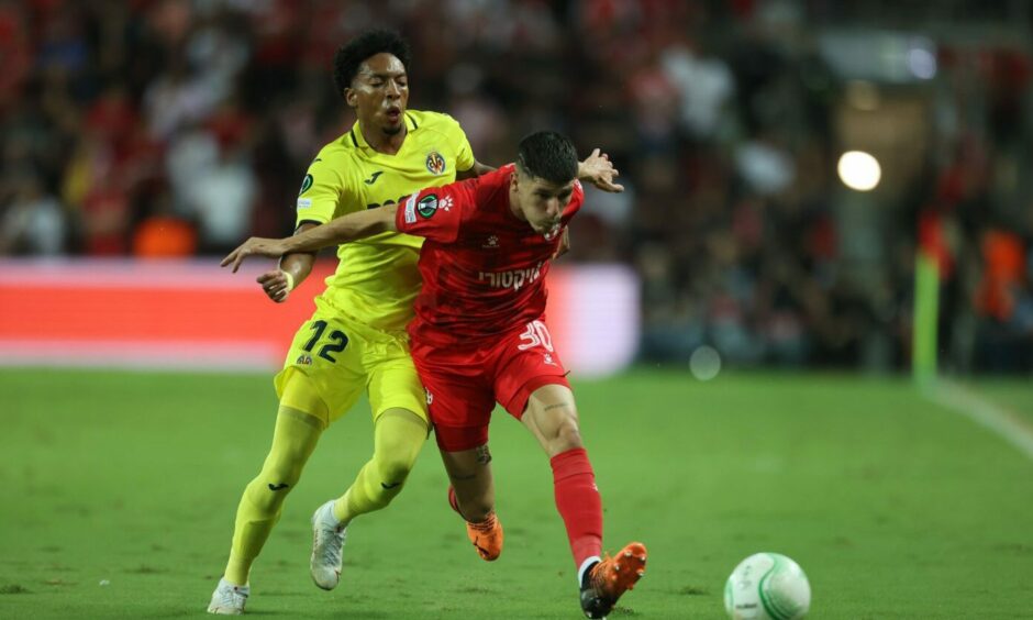 Johan Mojica of Villarreal in action against Or Dadia of Hapoel Beer-Sheva during a Uefa Europa Conference League group C match.