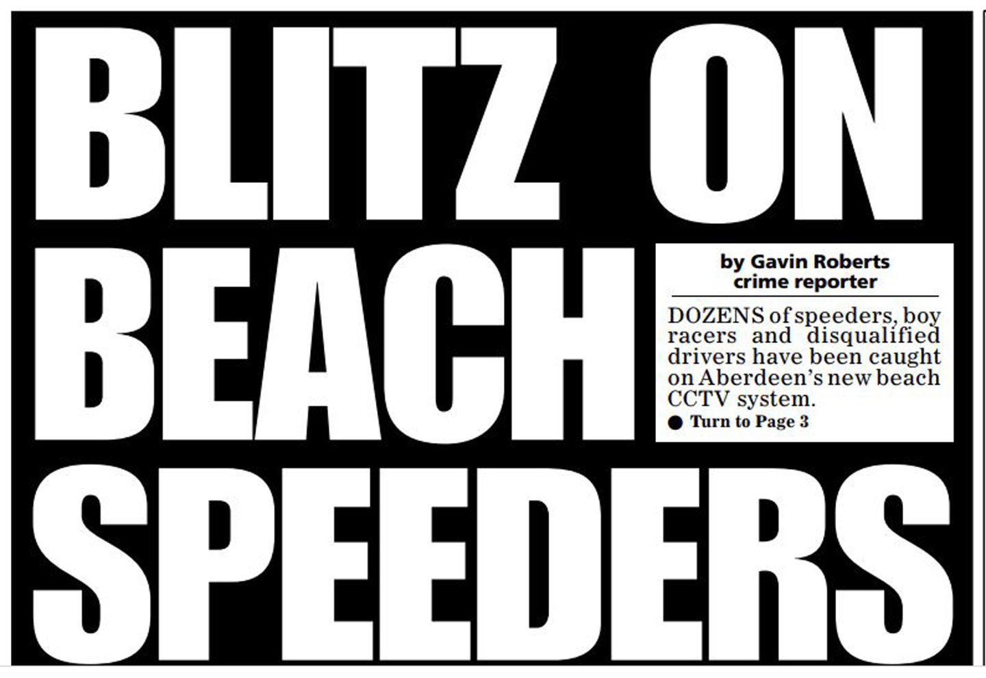 An Evening Express front page headline reading "Blitz on beach speeders"