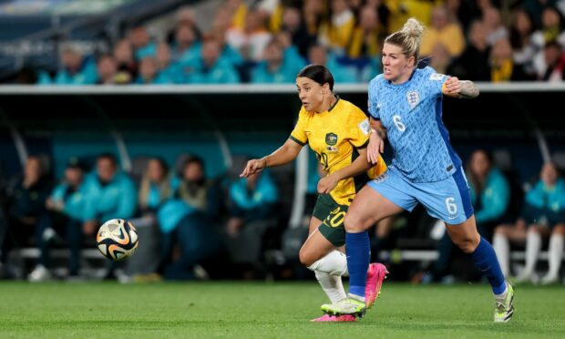 Australia captain Sam Kerr battles with her English counterpart Millie Bright during the World Cup semi-final.