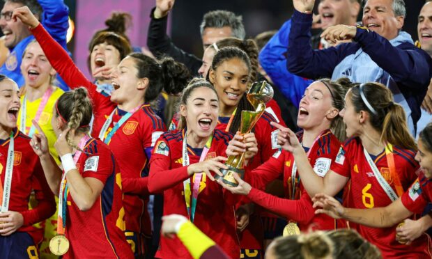 Spain celebrate at full-time after beating England in the World Cup fina.