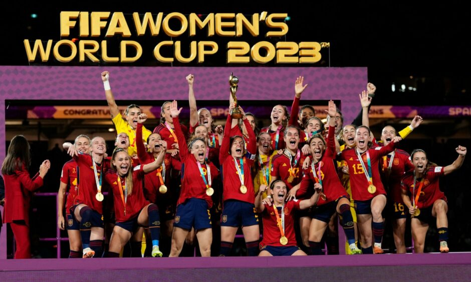 Spain lift the Women's World Cup trophy after beating England in the 2023 final.