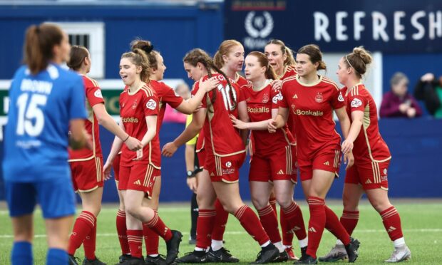 Aberdeen Women celebrate Jess Broadrick's opening goal against Montrose.