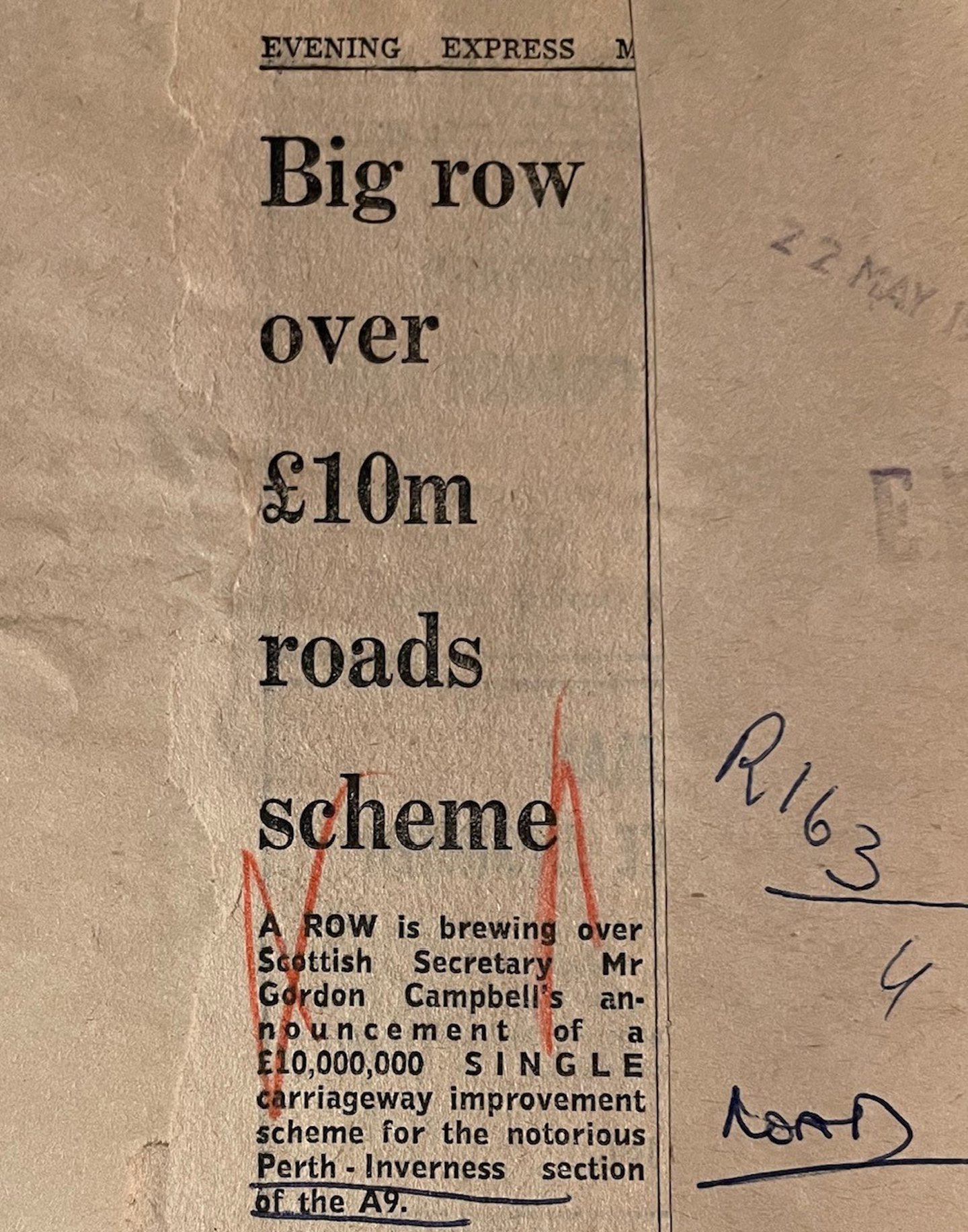 A cutting from the Evening Express in 1972, criticising the A9 dualling with the headline 'Big row over £10m roads scheme'