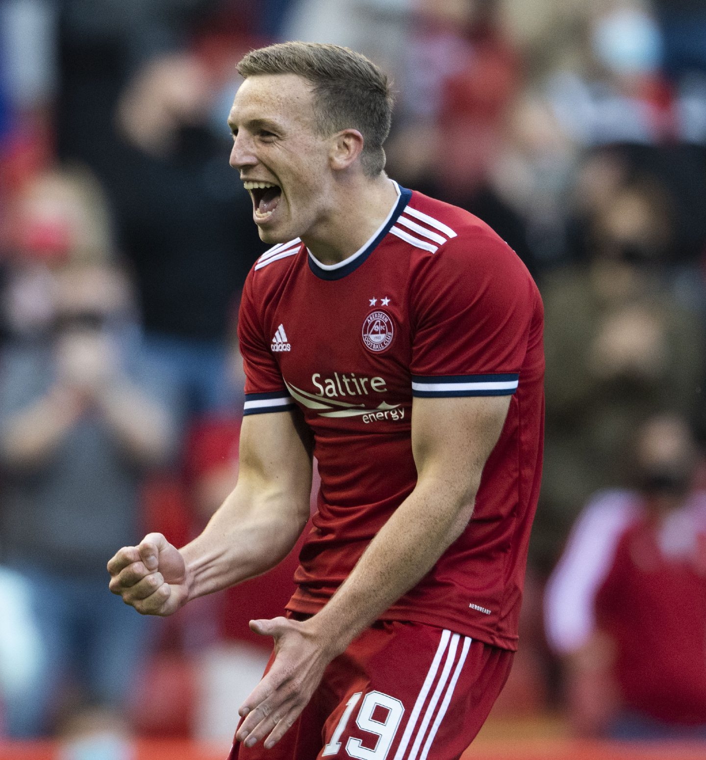  Aberdeen's Lewis Ferguson celebrates his second goal during a Europa Conference Qualifier against BK Hacken Pittodrie on July 22, 2021. Image; SNS 