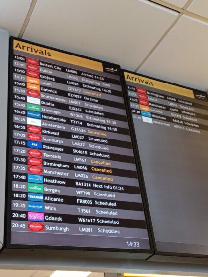 Flight arrivals board Aberdeen airport