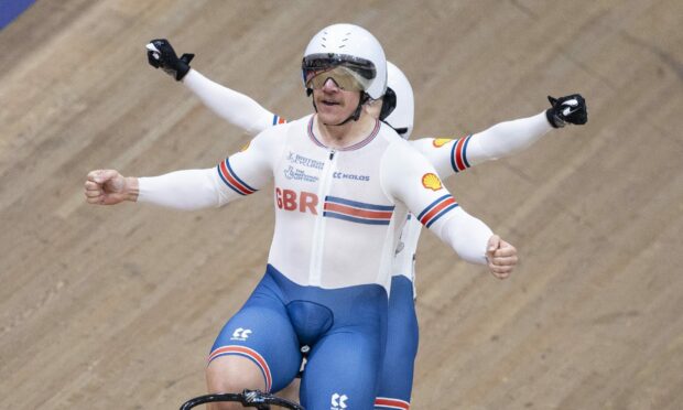 Matthew Rotherham and Neil Fachie of Great Britain win gold in the men's B sprint race of the UCI Cycling World Championships at the Sir Chris Hoy Velodrome. Image: Ross MacDonald/SNS Group