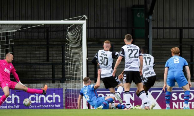 Ayr's Francis Amartey (centre) scored the only goal when Inverness visited Somerset Park at the weekend. Image: SNS Group