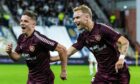 Hearts' Cammy Devlin and Nathaniel Atkinson celebrate Devlin's second goal in the 3-1 win against Rosenborg on Thursday. Image: PA