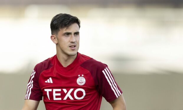 New Aberdeen signing Jamie McGrath on his debut against BK Hacken. Image: SNS