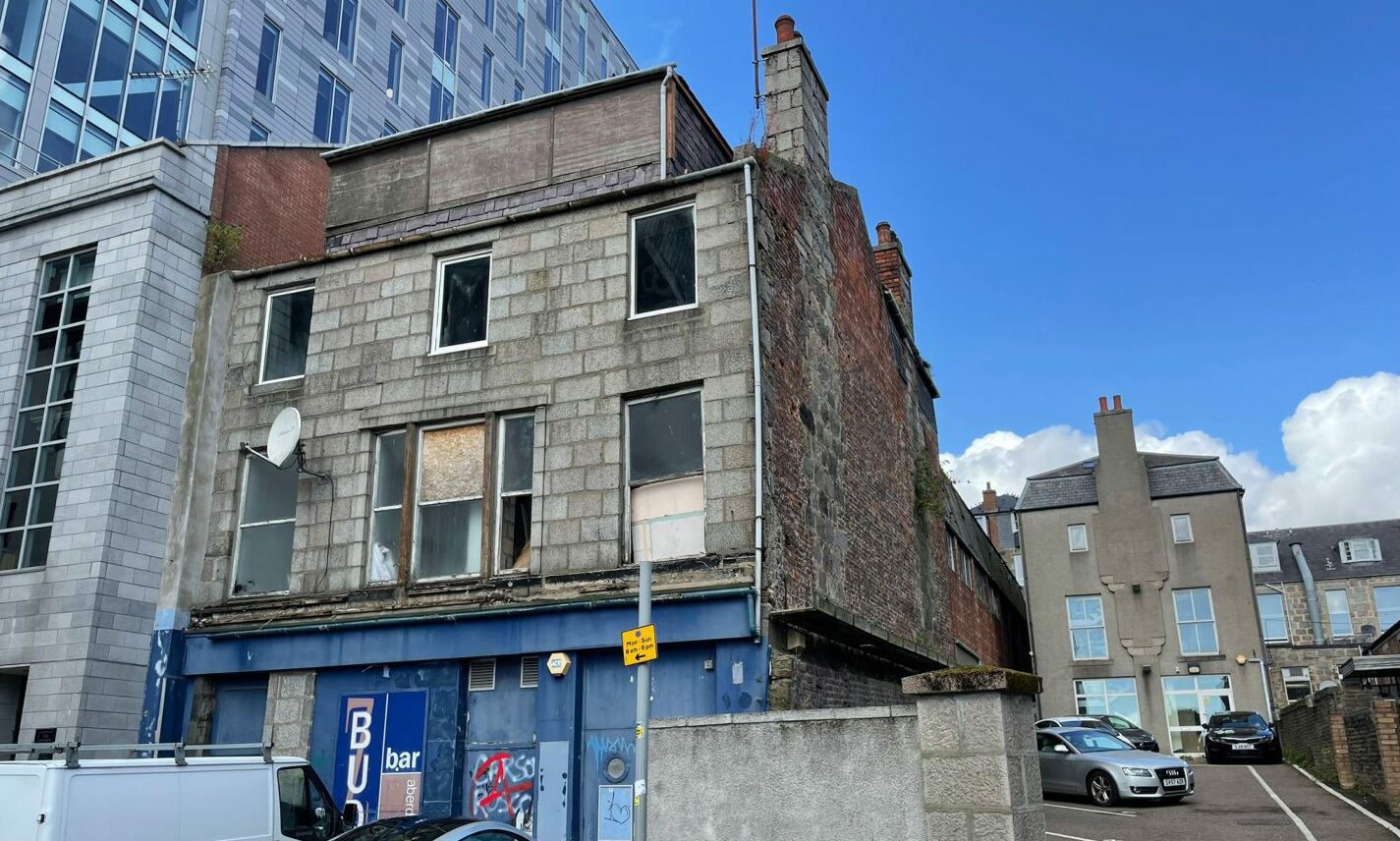 Rear of derelict Budz Bar building in Aberdeen.