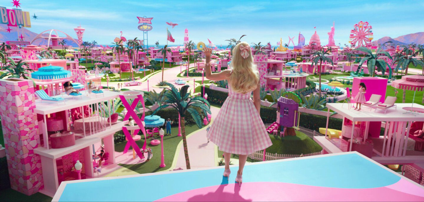 Barbie (Margot Robbie) looking out at Barbie Land