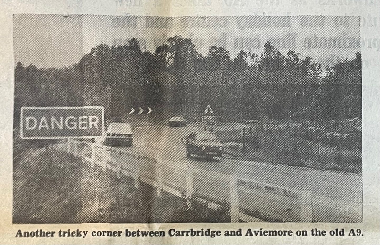 A photo of the old A9 with the caption 'another tricky corner between Carrbridge and Aviemore on the old A9'