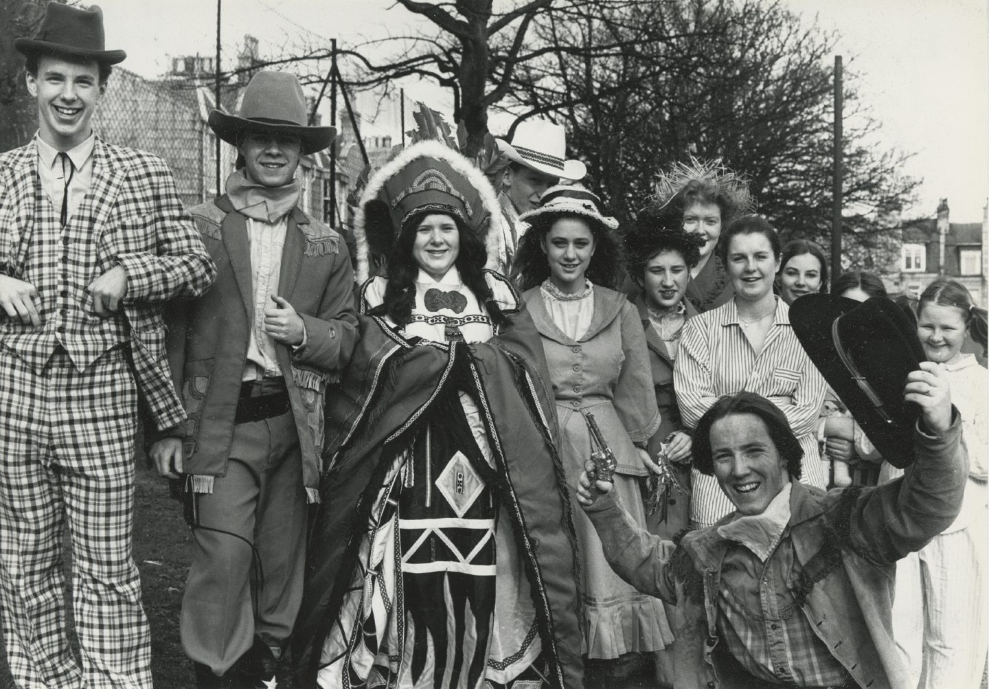 Cast members of the grammar school's Dramatic Society's performance of hit musical Annie Get Your Gun in 1990.
