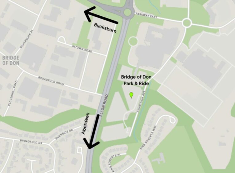 Map showing Bridge of Don Park & Ride in Aberdeen.