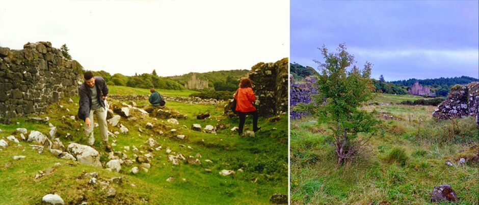 Two images showing the spot near Dunvegan Castle on Skye where Juan Antonio Espeso González buried treasure in 1997 and what ths ite looks like now in 2023.