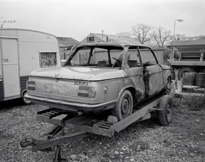 Renee MacRae's BMW car, which was found burnt-out on the A9 Dalmagarry lay-by in November 1976.