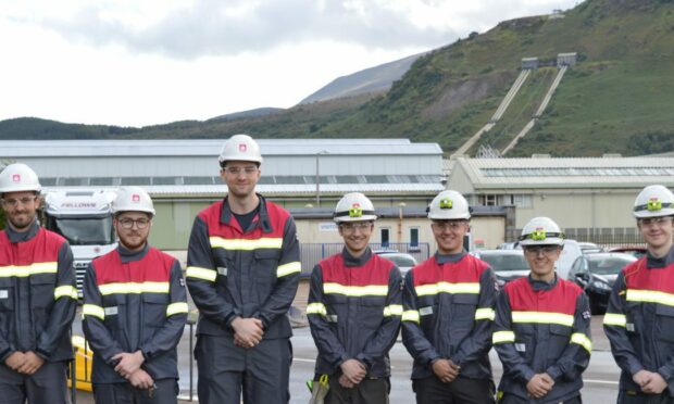 Alvance British Aluminium's graduates and apprentices for 2023. Fort William. Pictured L-R: Cameron Milne (Graduate Apprentice), Ben Campbell & Connor Anderson (Graduate Engineers), and Connor MacRae, Finlay Donald, Murdo Shaw & Raife Uppington (Modern Electrical & Mechanical Apprentices)