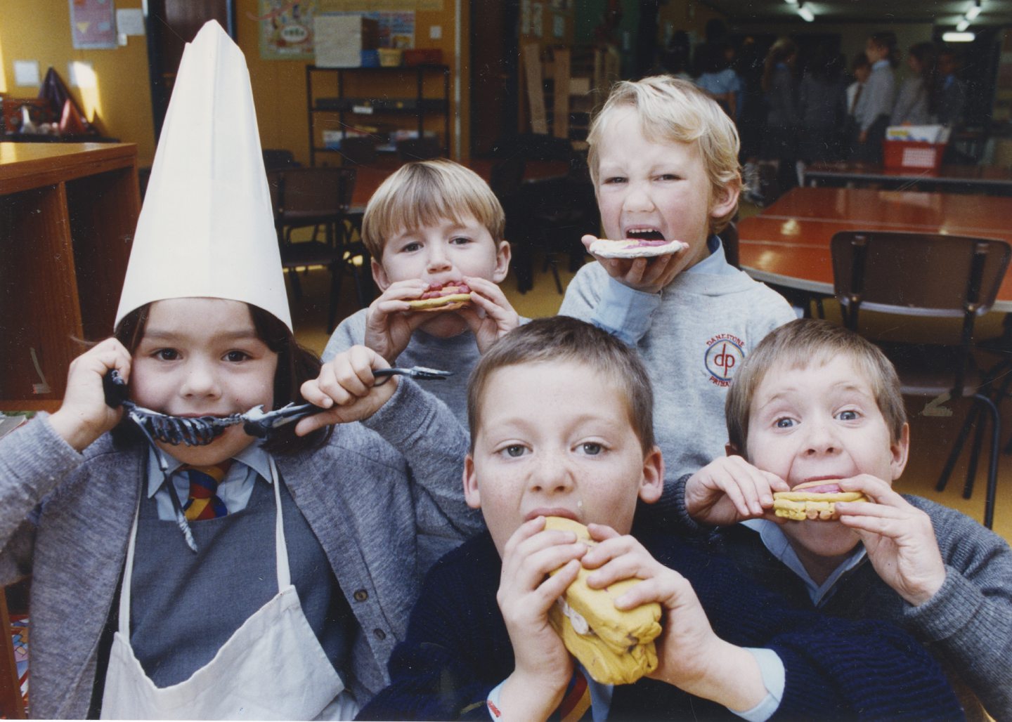 Danestone pupils Emily Scott-Wilson, Mathew Cameron, Steven Alexander, Andrew Greig, and Craig Shirron tuck in to some tasty Hallowe'en treats in 1990.