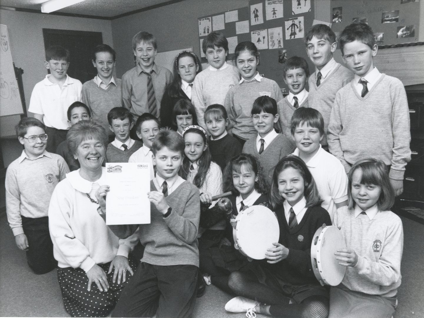 Danestone Primary School music teacher, Helen Fraser, with her primary 7 music class in 1992.