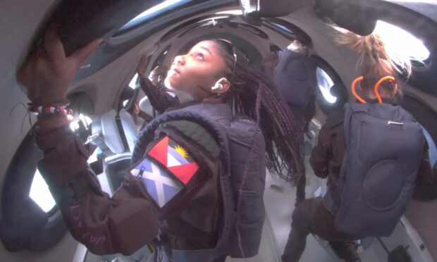 Aberdeen student Anastatia Mayers during the voyage onboard the spaceflight. Image: Virgin Galactic.