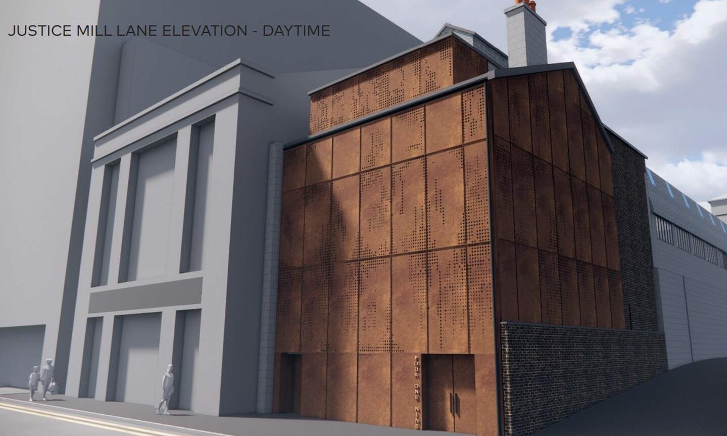 Rendering of how the rear of the building would look along Justice Mill Lane. 