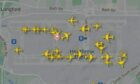 Flightradar screenshot of planes stuck on the ground at Heathrow.
