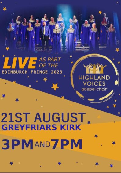 A blue and yellow poster for Highland Voices at the Fringe