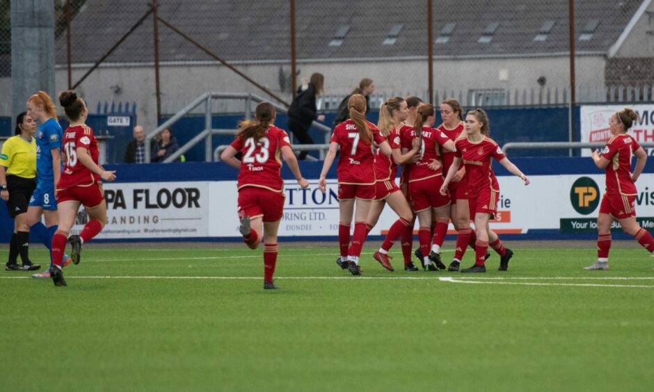 Aberdeen Women celebrate Jess Broadrick's opening goal against Montrose