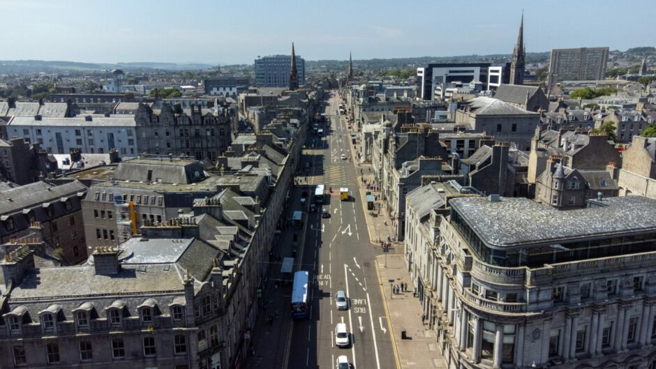 Drone image of Union Street in Aberdeen
