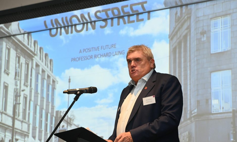 Allan Henderson speaking at an emergency summit with more than 150 guests, discussing ways to save Aberdeen's Union Street. Image: Kenny Elrick/DC Thomson.