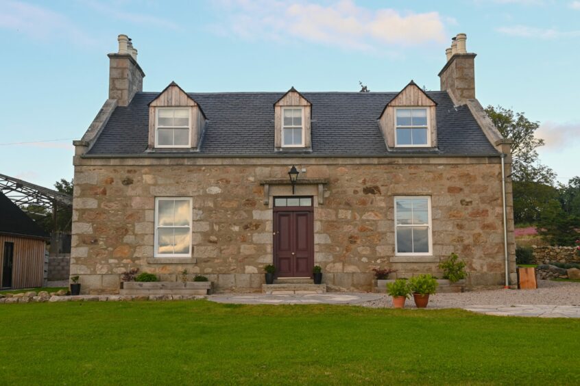 Exterior of Cairnton Farmhouse, which has been renovated by Aberdeenshire couple Kim and Ryan.