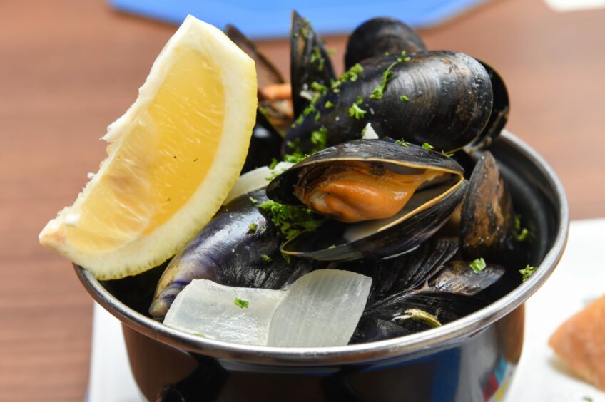 The mussels and chips.